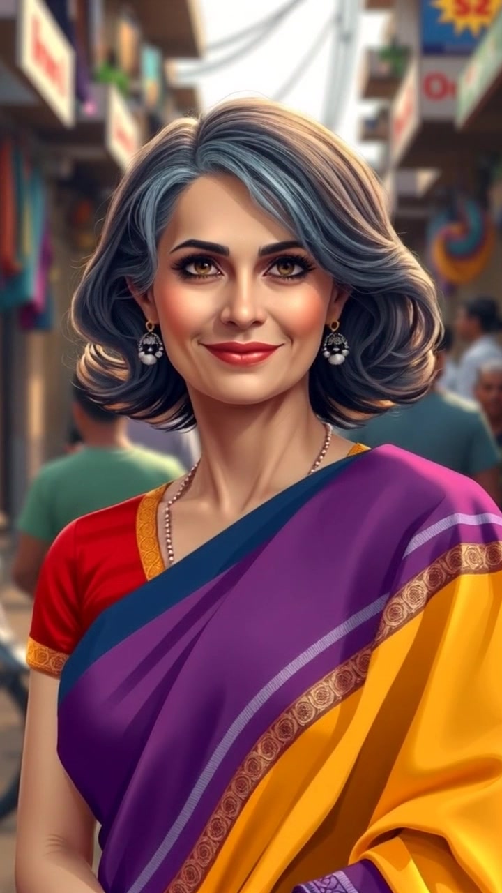 Subject: An elderly South Asian woman flaunting a traditional saree exudes confidence amidst a vibrant street scene with bustling activity. Subject movement: The woman stands still with a dignified posture, commanding attention in the midst of the dynamic street environment. Scene: A lively, colorful street filled with diverse characters and cultural elements, setting the stage for the woman's striking presence. Camera language: Slow push-in towards the woman, capturing the intricate details of her attire and facial features in a respectful manner. Lighting: Golden hour illumination casting a warm, inviting glow on the scene. Atmosphere: Vibrant and bustling, showcasing a harmonious blend of tradition and modernity.