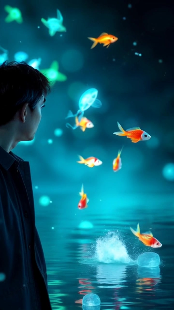 Subject: Pak Tarmizi standing near his pond. Subject movement: He shifts slightly from side to side, a puzzled expression on his face as he watches the fish jumping out of the water. Scene: A tranquil pond surrounded by lush greenery under a clear blue sky. Style: Bright, natural lighting enhances the clarity of the scene, creating a cheerful atmosphere. Motion: The camera begins with a close-up on Pak Tarmizi's face, then slowly pulls back, revealing the pond and the vibrant fish as they leap into the air, accompanied by gentle ripples on the water's surface.
