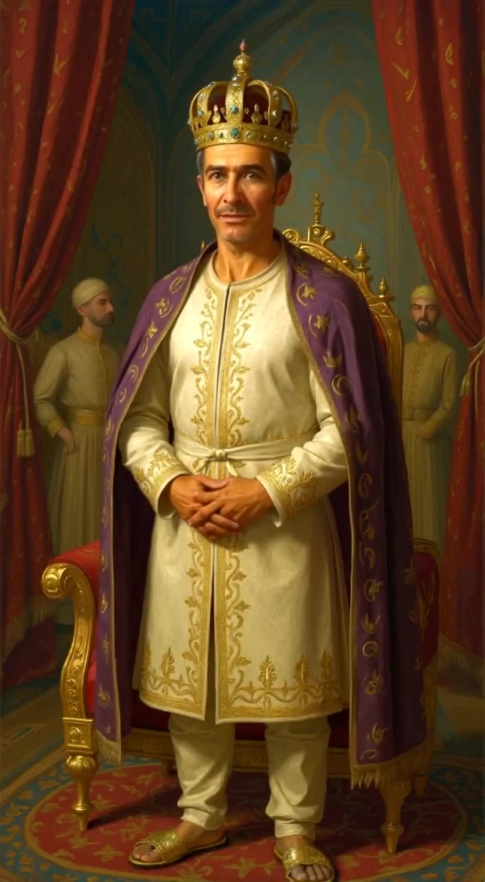 A regal figure sits gracefully on the throne, surveying the decorated court with a calm, confident demeanor.