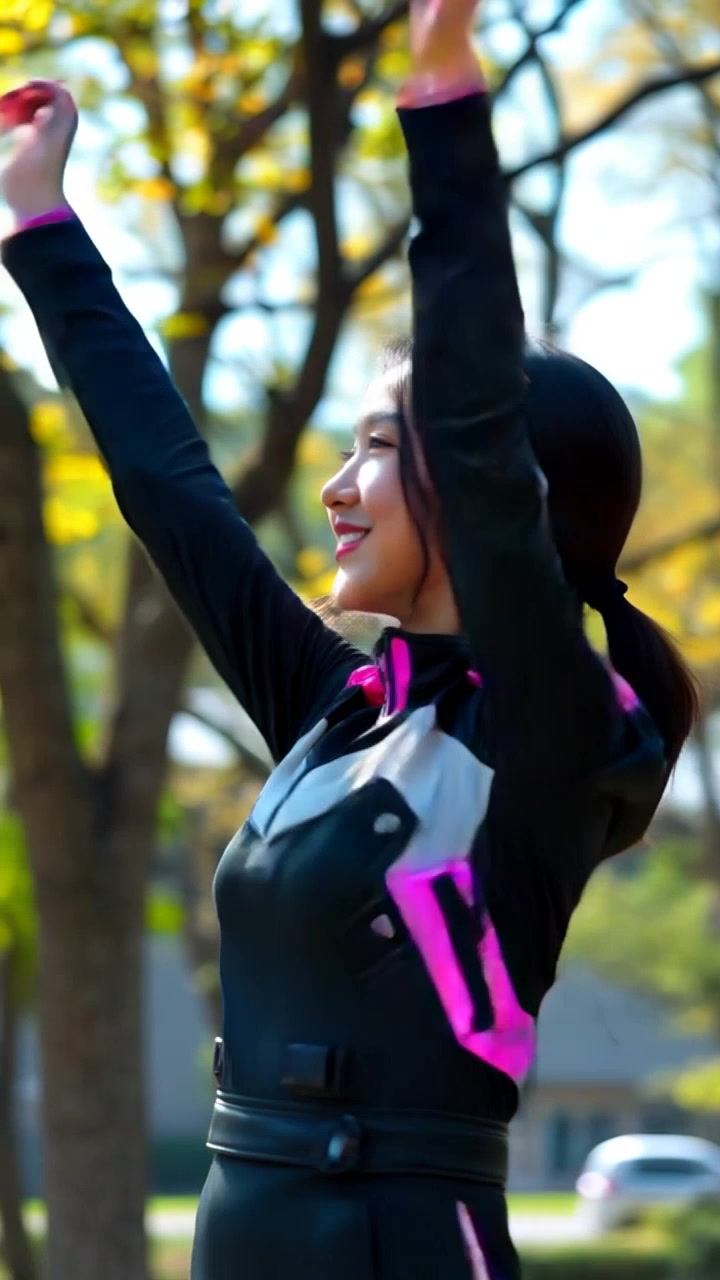 Subject: A young woman looking enthusiastic. Subject movement: She twirls joyfully, arms raised, enjoying the sunny day in the park. Scene: A sunny park with trees surrounding her, dappled sunlight creating a warm atmosphere. Motion: Camera performs a smooth, sweeping dolly shot that captures her movement and the vibrant greenery around her, enhancing the joyful essence of the moment.