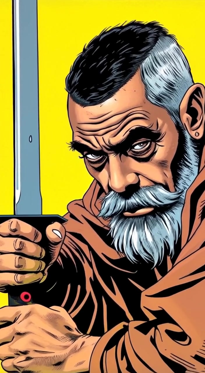 The tribesman grips the sword tightly, eyes focused, as the wind gently rustles the grass around him.