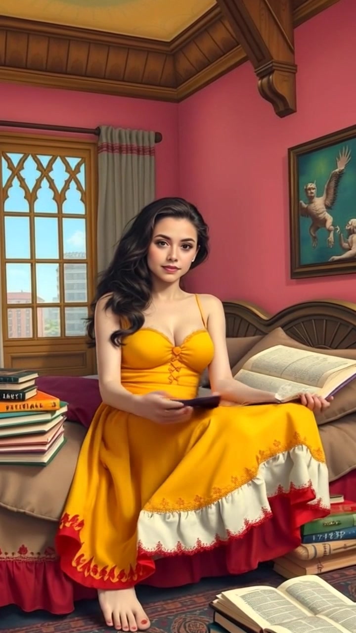 Subject: Mia sitting on her bed, surrounded by books. Subject movement: She leans back, stretching her arms lazily while glancing out the window at the world outside. Scene: A cozy bedroom with pink walls, decorated with books, and a bright window. Style: Soft, ambient morning light filtering through the window, creating a warm and inviting atmosphere. Motion: The camera gently pushes in, capturing Mia's relaxed demeanor as she takes in the view.