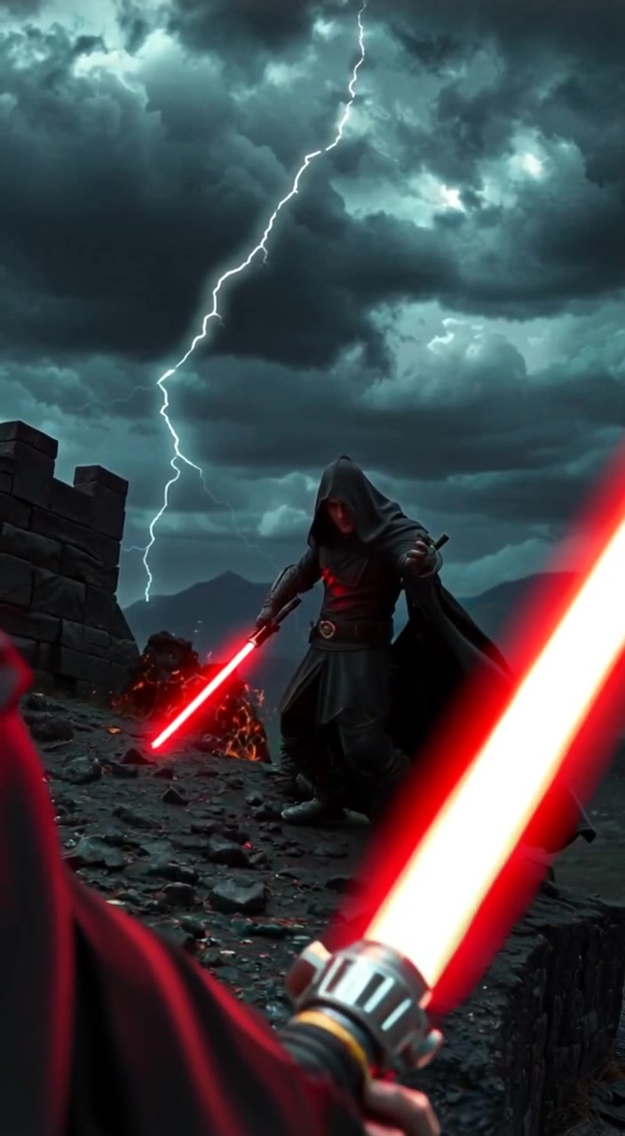 A figure stands ominously as lightning illuminates the stormy sky, wind gently swirling around in the darkness.