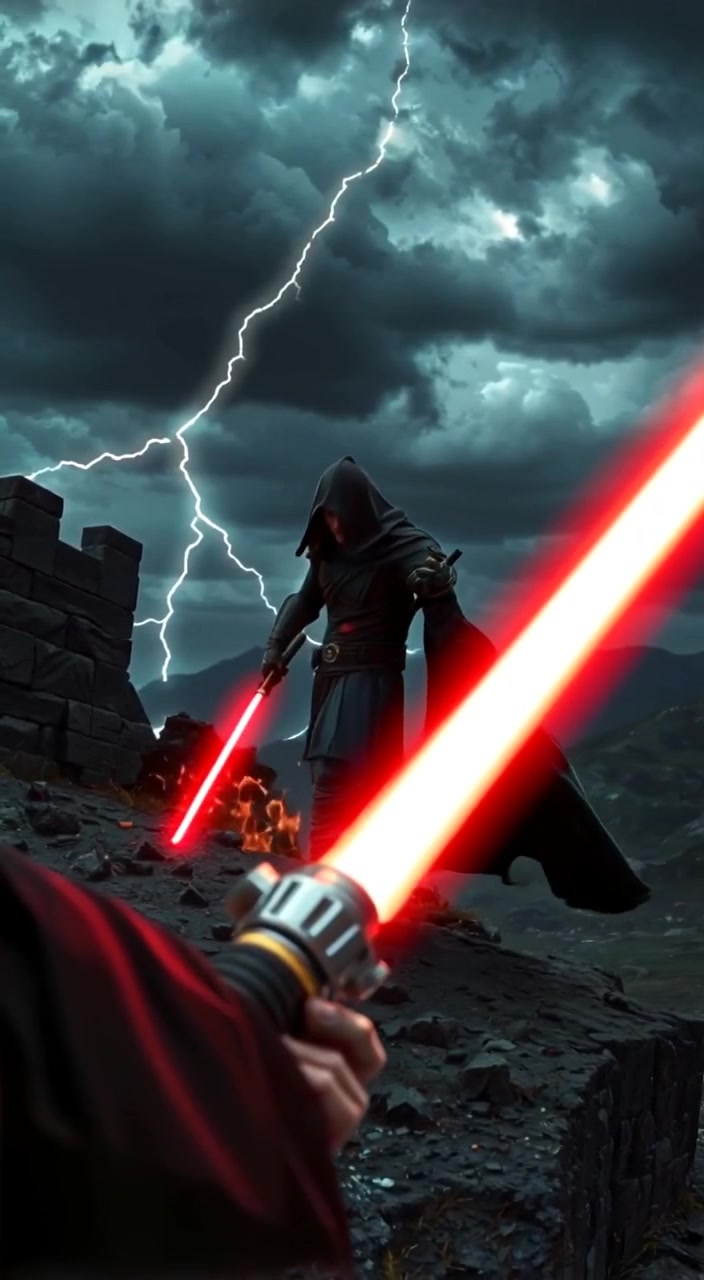 Lightning flashes illuminate the dark clouds as the figure stands ominously, capes billowing in the fierce wind.