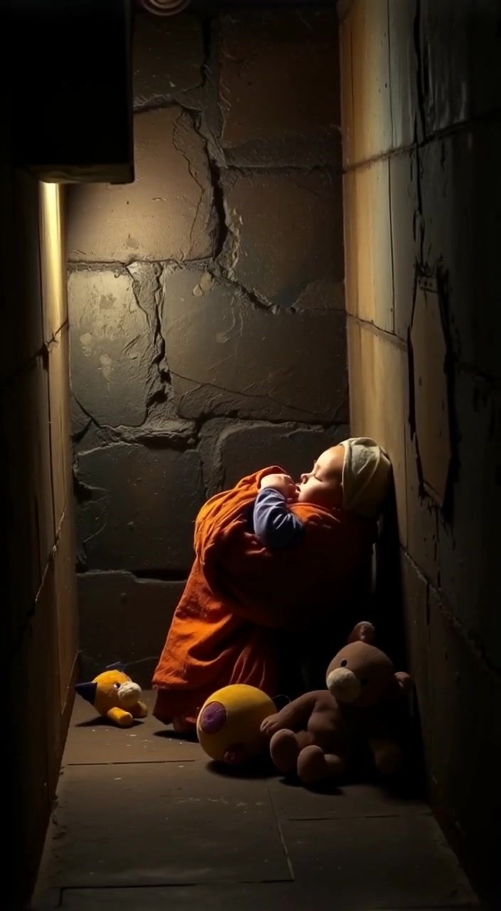 A gentle breeze moves the swaddled baby, toys softly shifting around in the dim light of the cozy basement.