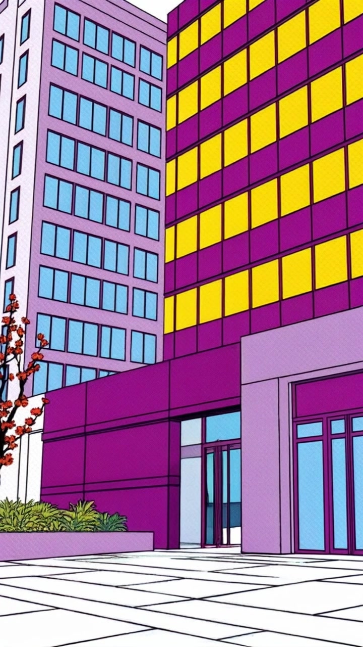 Subject: A young woman dressed in professional attire. Subject movement: She confidently walks towards the entrance of a modern office building, her heels clicking on the pavement. Scene: The polished exterior of the office building reflects the clear blue sky, with sleek glass and steel architecture. Lighting: Bright daylight illuminates the scene, creating vibrant contrasts. Motion: Camera follows her with a smooth tracking shot from the side, capturing her determined expression as she approaches the door.