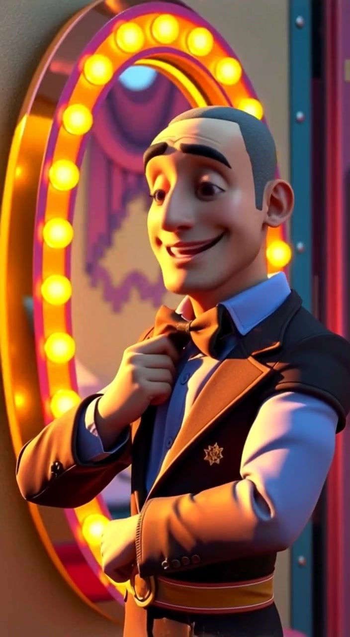 The man adjusts his stylish outfit in front of a colorful mirror, smiling playfully as he admires his reflection.