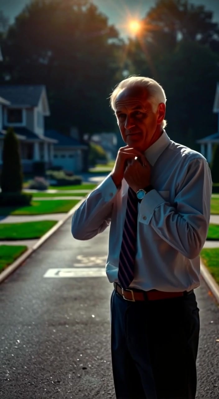 Mark standing in front of a mirror, adjusting his tie with a confident expression.
