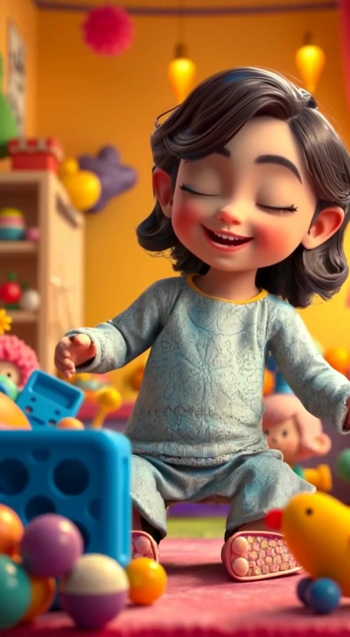 The child gently spins, laughing as toys scatter around her in the vibrant, cheerful room.