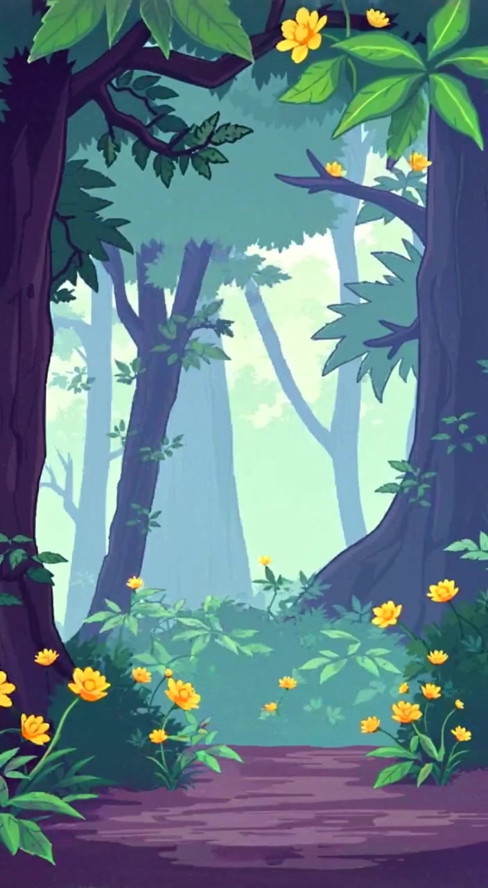 The character strolls gently through the lush forest, pausing to admire the vibrant greenery around them.