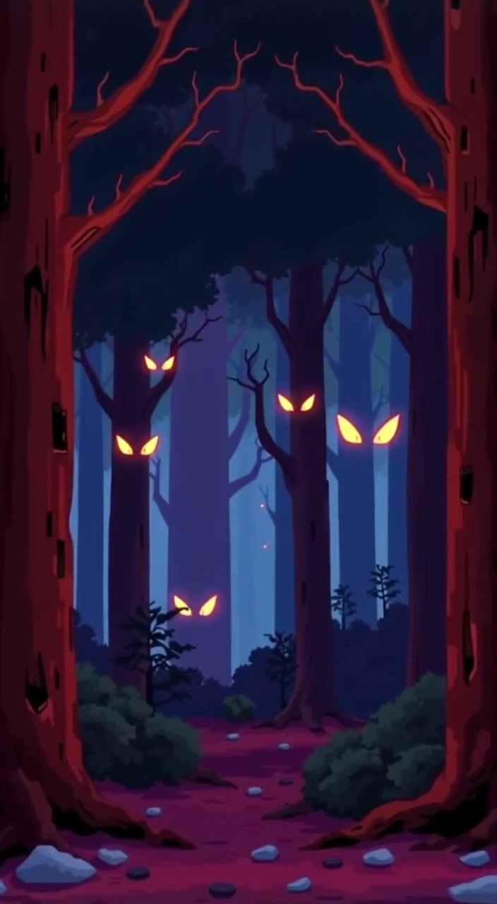The shadows shift gently, revealing glowing eyes watching from behind the trees in the dark forest.