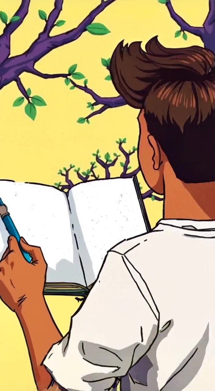 The man gently sketches the tree, glancing between his drawing and the real tree in front of him.