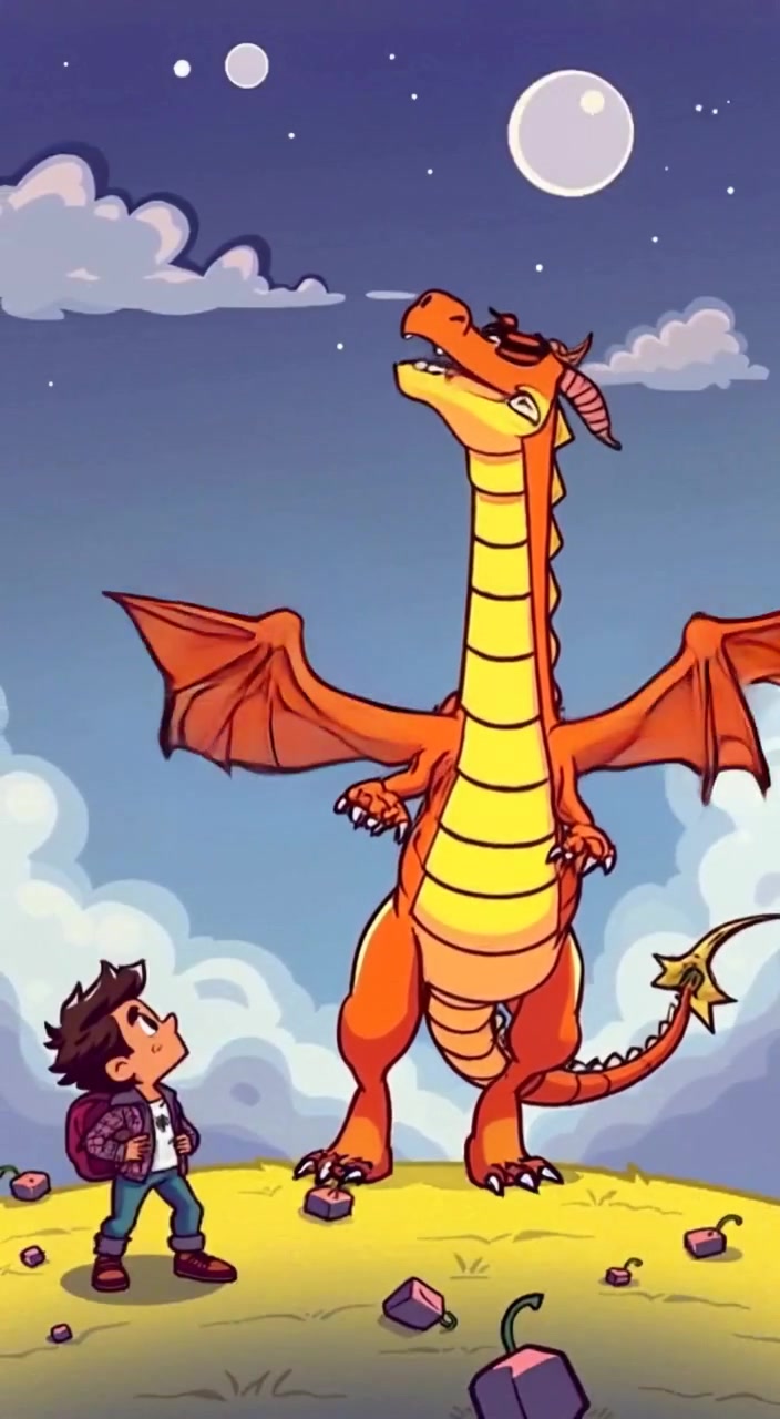 The dragon gracefully soars off the page, while the boy gazes in astonishment at the magical scene.