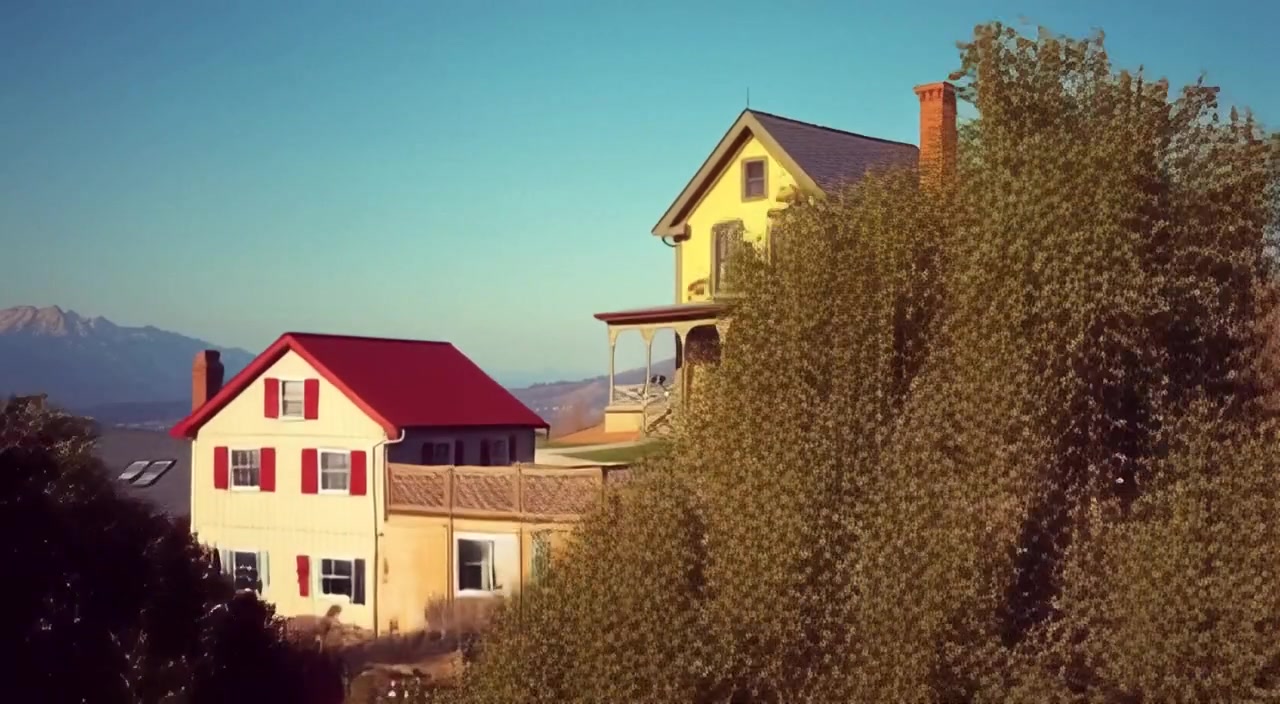 Leaves gently rustle in the breeze as sunlight filters through the trees beside the old house on the hillside.