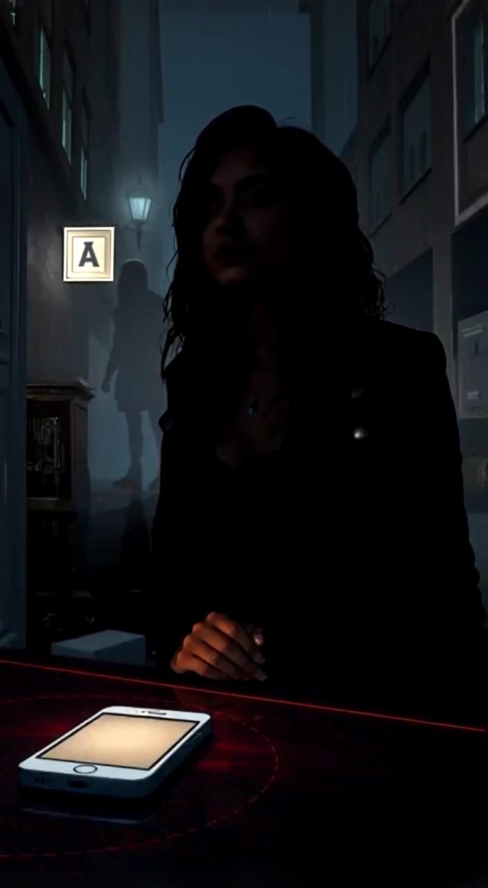 The phone's glow illuminates shadows as the silhouette of the woman moves slowly in the dark room.