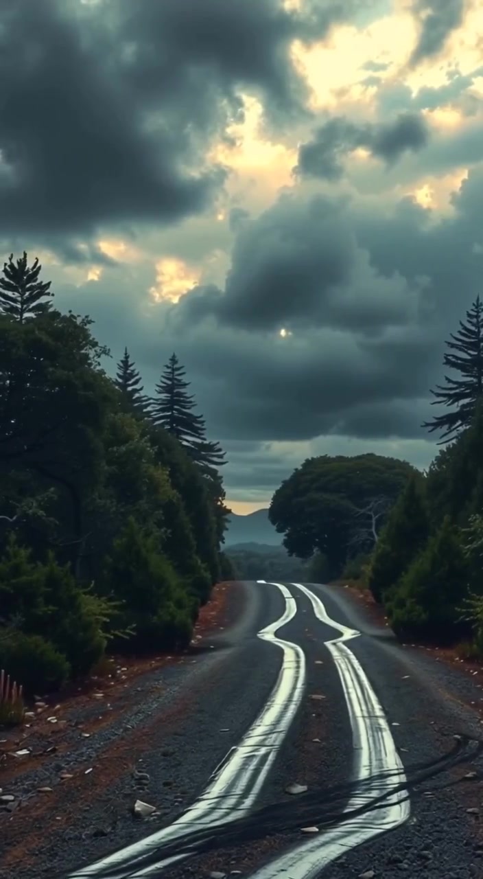 Leaves sway gently in the wind along the isolated road, as clouds slowly drift overhead in a gloomy sky.