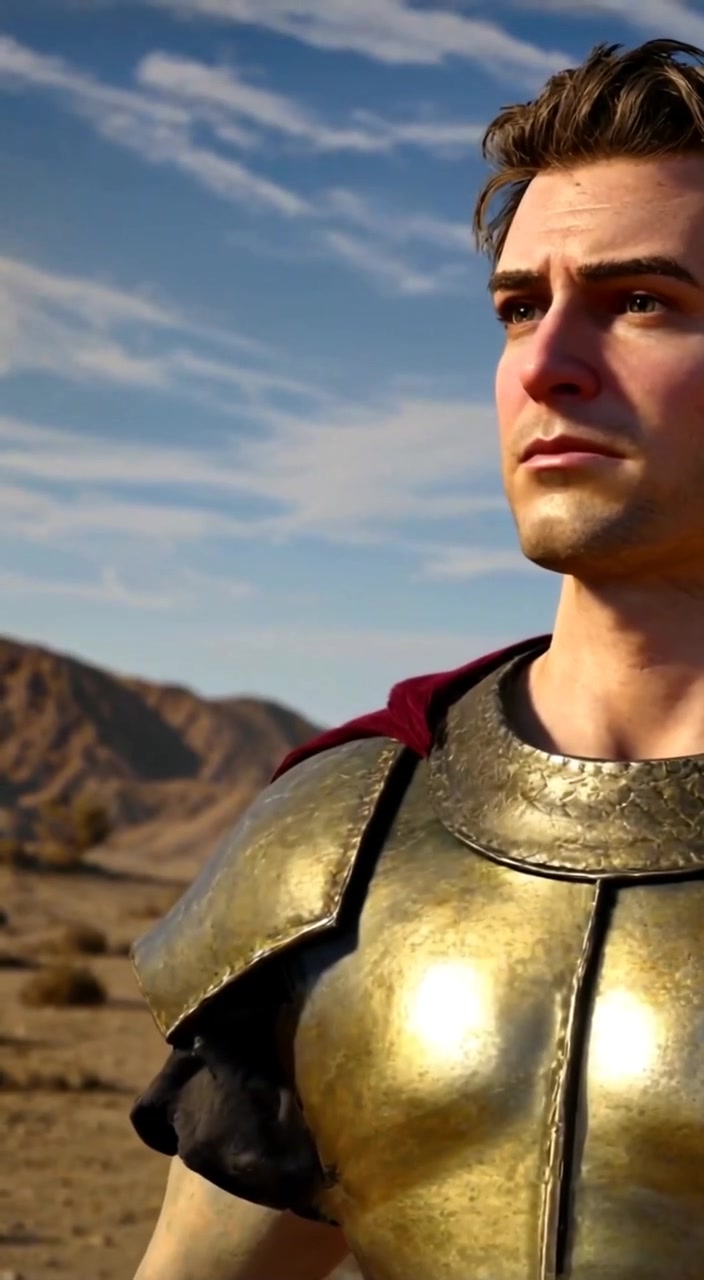 The man gazes thoughtfully at distant mountains while a gentle breeze stirs the vibrant landscape.