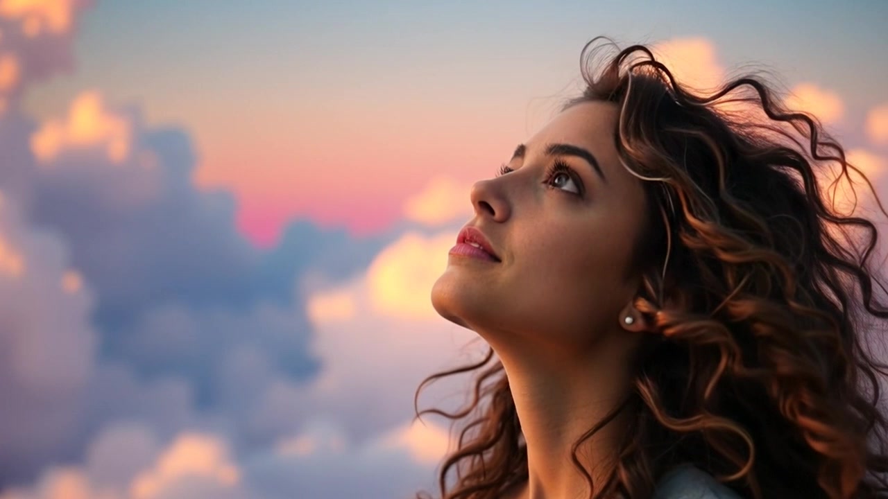 Subject: A young woman gazing thoughtfully upwards. Subject movement: She slowly tilts her head back as if pondering her future, with the clouds drifting lazily overhead. Scene: A dreamy landscape filled with soft, fluffy clouds, creating a serene and contemplative atmosphere. Lighting: Gentle, diffused light enhances the ethereal quality of the scene, giving it a warm glow. Motion: The camera gradually pushes in closer to the woman, capturing the subtle shift in her expressions against the backdrop of the tranquil clouds.