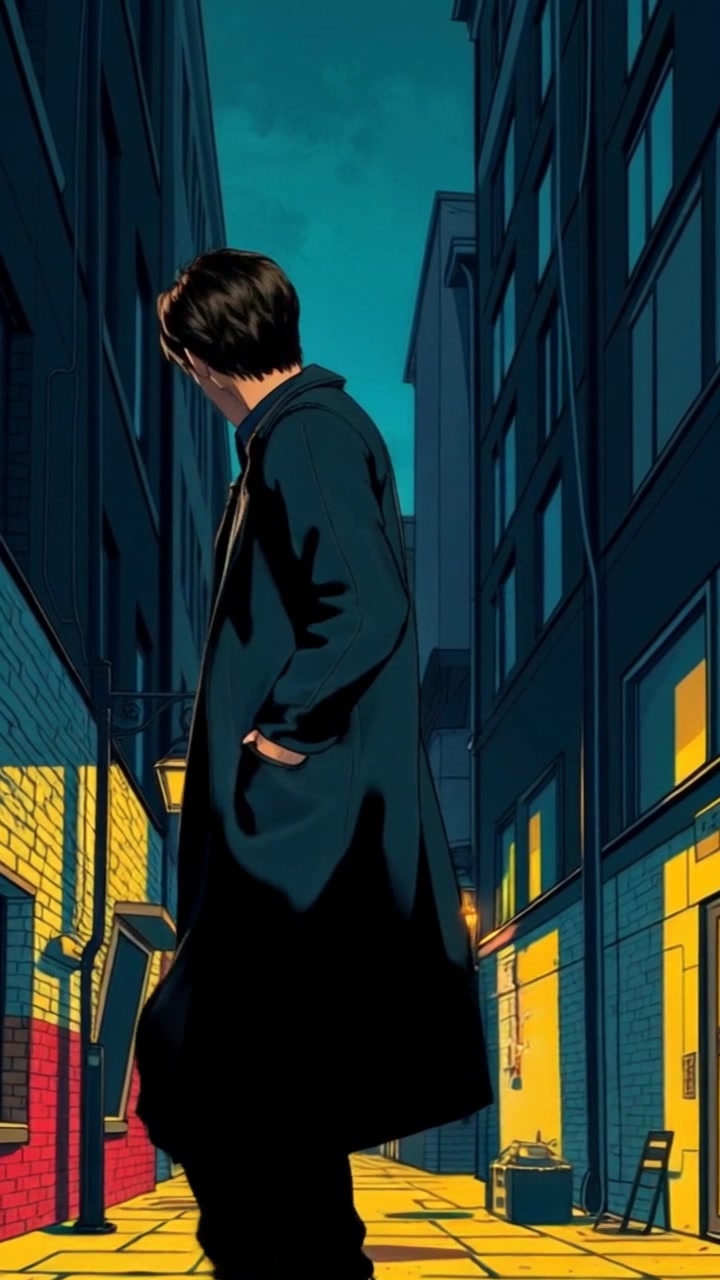 A mysterious figure in a dark coat moves stealthily through a city street at night, with dim streetlights casting long shadows. The camera slowly pans to reveal the figure lurking in an alley, looking cunning. Atmospheric lighting creates a mysterious and suspenseful mood.