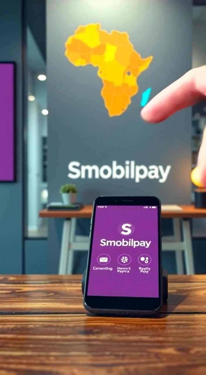 A finger gently taps the smartphone screen as the Smobilpay app animates a transaction.