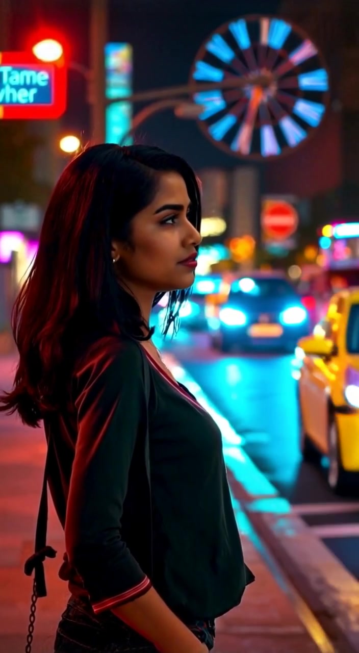 The woman gazes thoughtfully at the bustling street, pausing to consider her next step on the sidewalk.