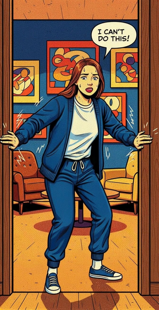 A close-up of Alice's hands trembling slightly while she holds onto the doorway.