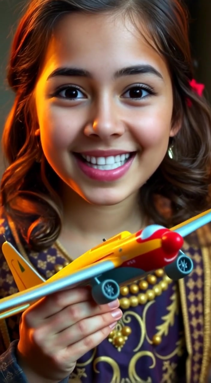The girl gently lifts the toy airplane above her head, her eyes sparkling with joy and excitement.