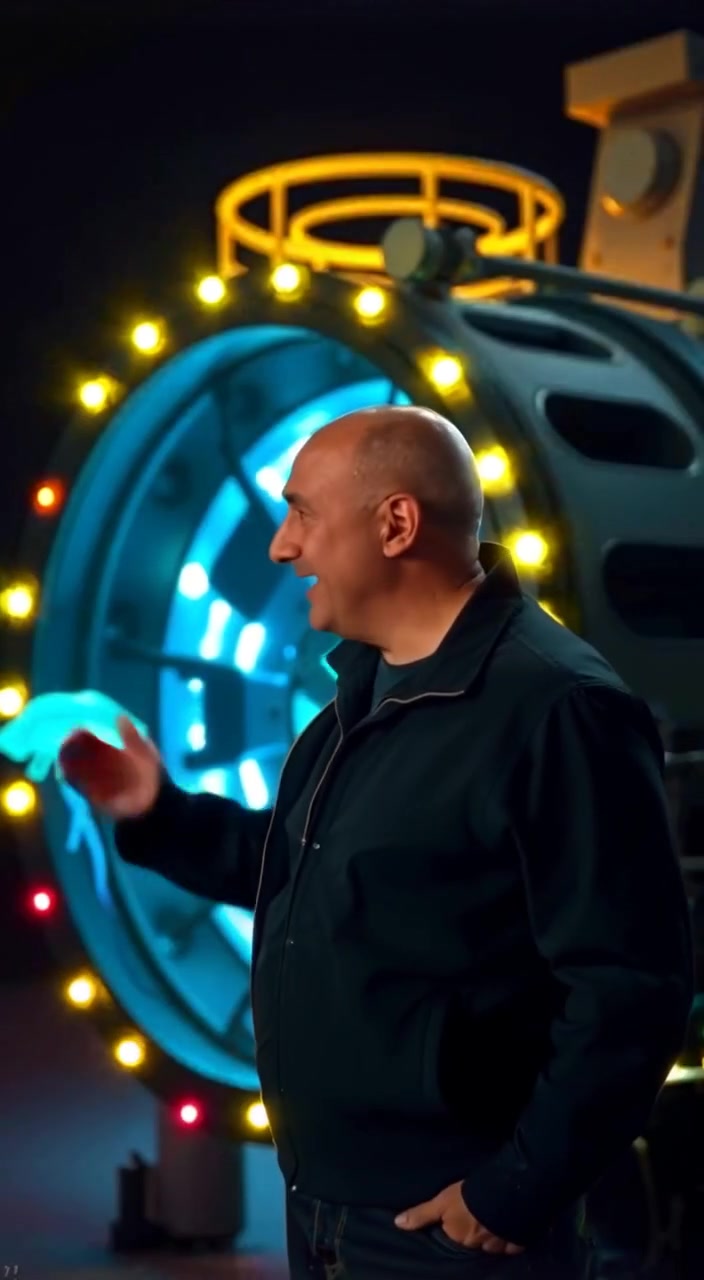 The man gestures enthusiastically towards the deep-sea submersible, captivated by its intricate features.