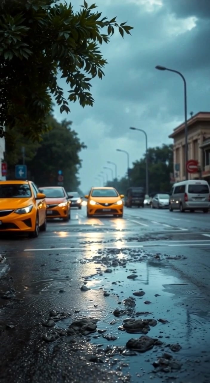 Raindrops gently patter on puddles as clouds linger over the quiet streets of Karachi.