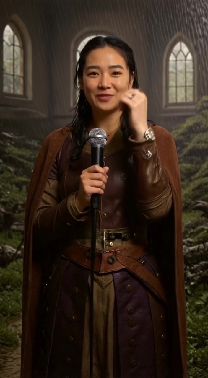 The man playfully gestures with the microphone, rain gently falling around him, creating a vibrant and lively atmosphere.