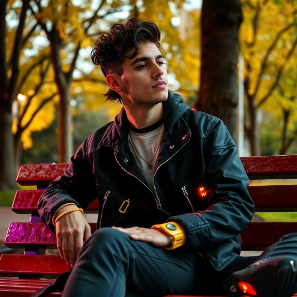 Subject: A young man sitting on a park bench. Subject movement: He gazes thoughtfully at the trees around him, occasionally leaning back and relaxing. Scene: A serene park filled with lush green trees, with the soft rustle of leaves in the breeze. Style: Natural lighting filtering through the branches, casting gentle dappled shadows. Motion: Camera employs a slow, smooth push-in towards the man, capturing the tranquility of the moment and the vibrant greenery surrounding him.