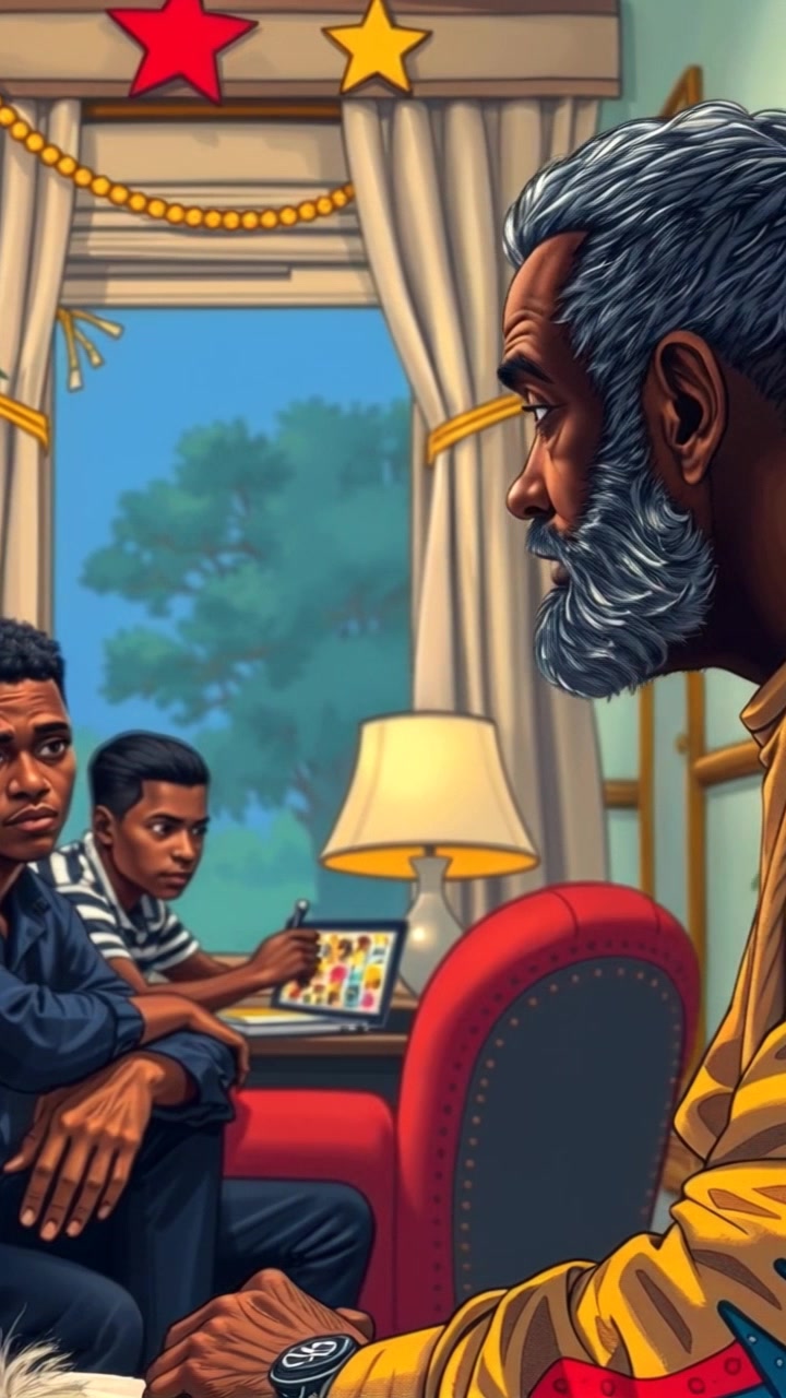 Scene: A cozy living room featuring a father silently observing his sons playing in the background, the space adorned with warm decor and soft lighting. Style: Inviting, ambient light fills the room, creating a comfortable atmosphere. Motion: The camera slowly pans from the father to the sons, capturing their joyful interactions and the peacefulness of the moment.