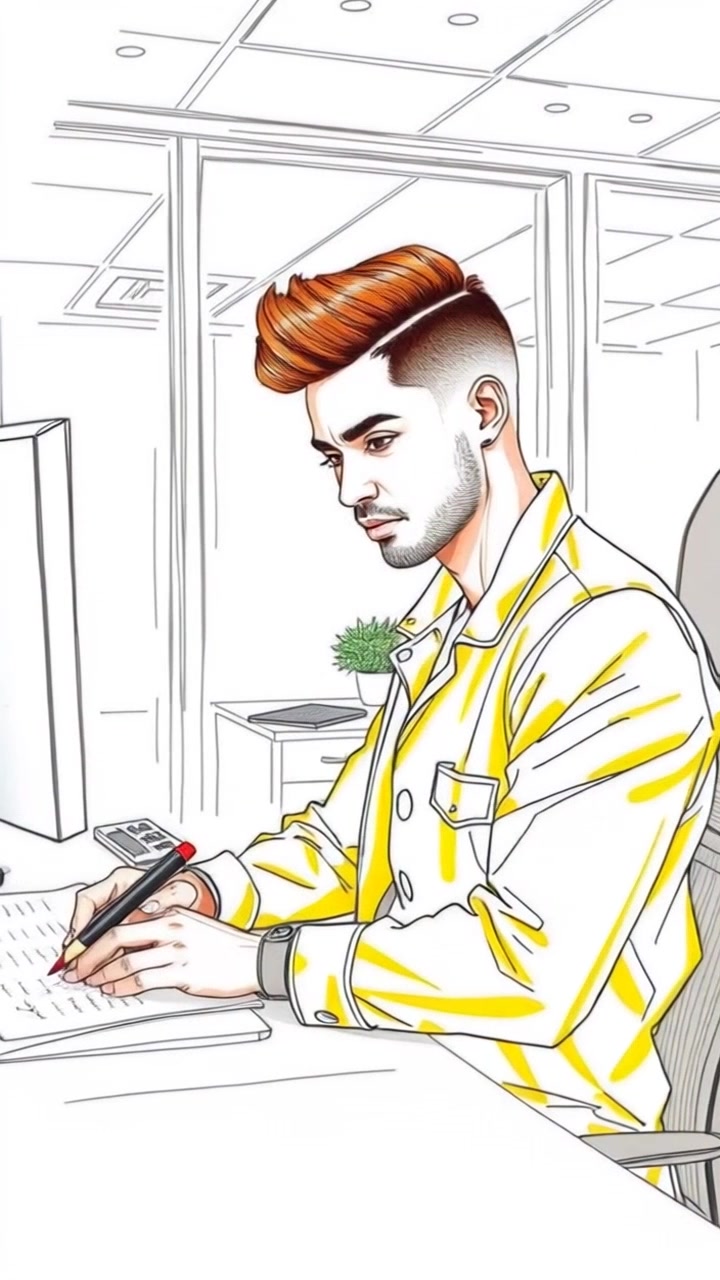 Subject: A focused individual sitting at a desk in a well-lit office, diligently working on paperwork and a computer. Scene: A modern office setting with bright, ambient lighting and organized workspace, plants in the background creating a serene atmosphere. Motion: The camera does a slow, gentle push-in towards the subject, capturing their concentration as they jot down notes and type on the keyboard.