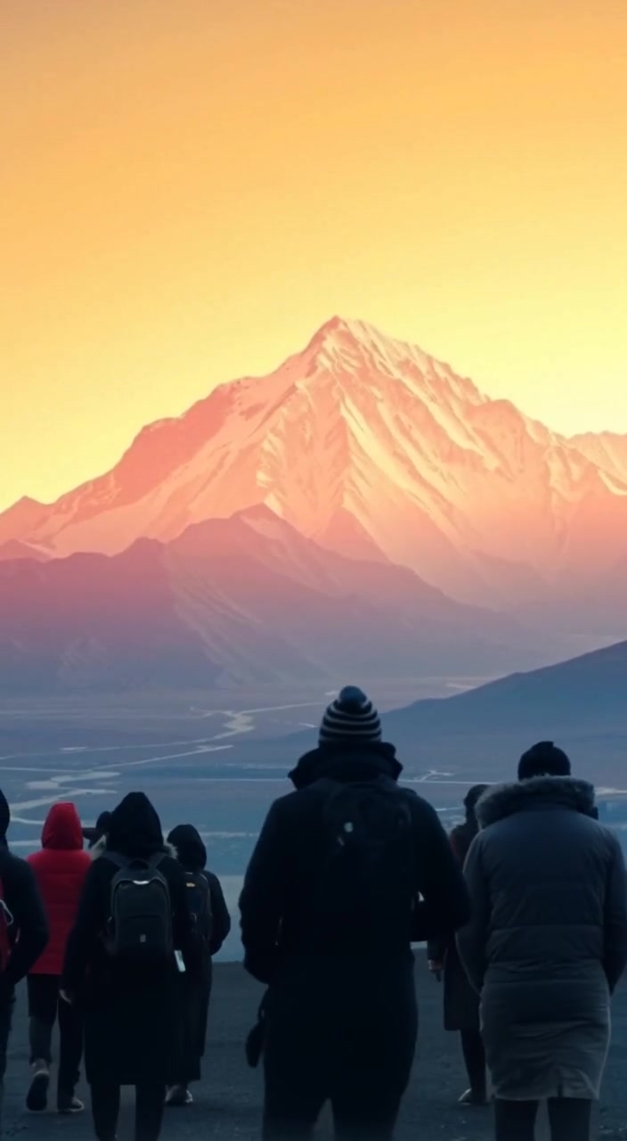 Pilgrims walk slowly towards Mount Kailash, their silhouettes moving steadily against the majestic mountain backdrop.