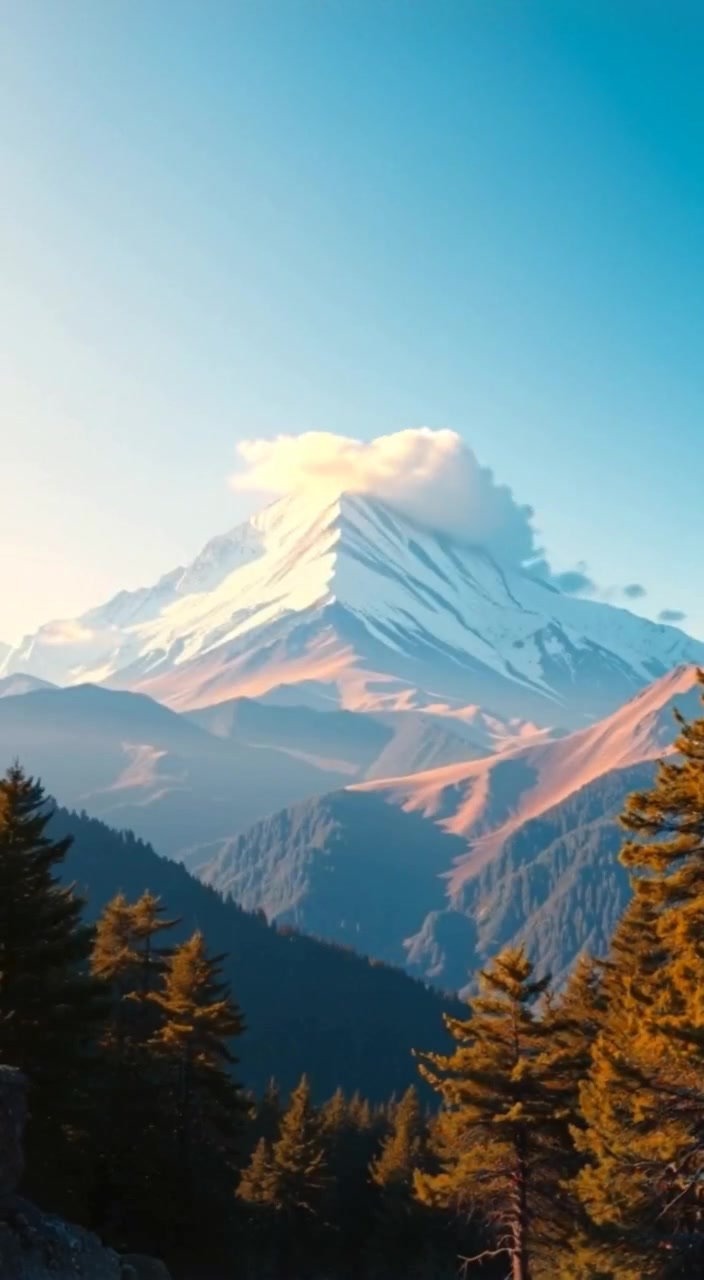 A gentle breeze sways the treetops as clouds drift lazily across the clear blue sky above the majestic mountain.