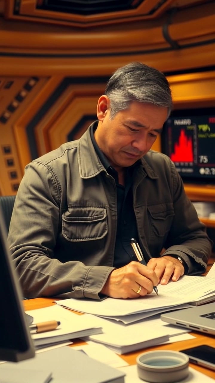 A tall man in casual attire, diligently working at a desk with papers scattered around.