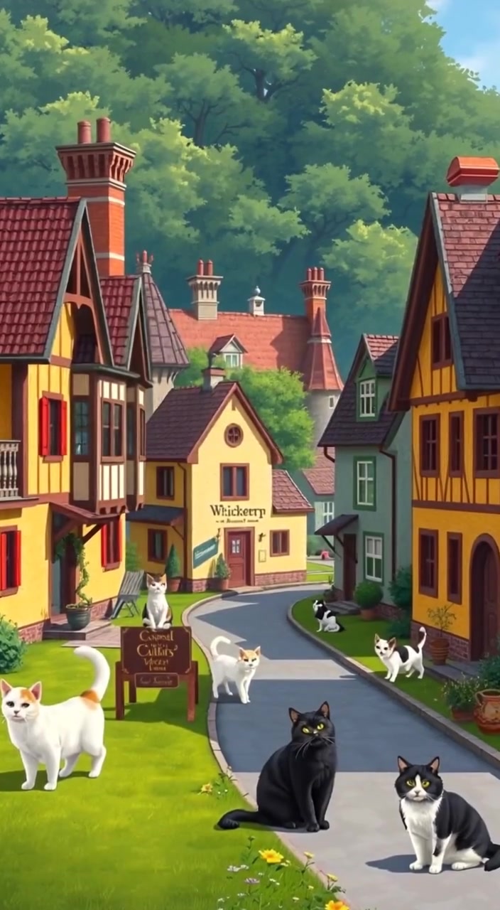 A gentle breeze rustles the leaves along the winding street of Whiskerpur, as cozy houses softly illuminate in the evening.