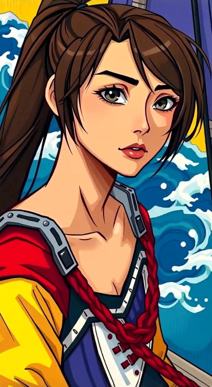 The woman gazes intently at the horizon as waves crash against the ship's deck, her determination unwavering.