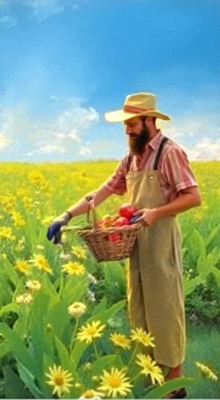 The farmer gently places fresh produce into a basket while enjoying the warm sun in a lush green field.
