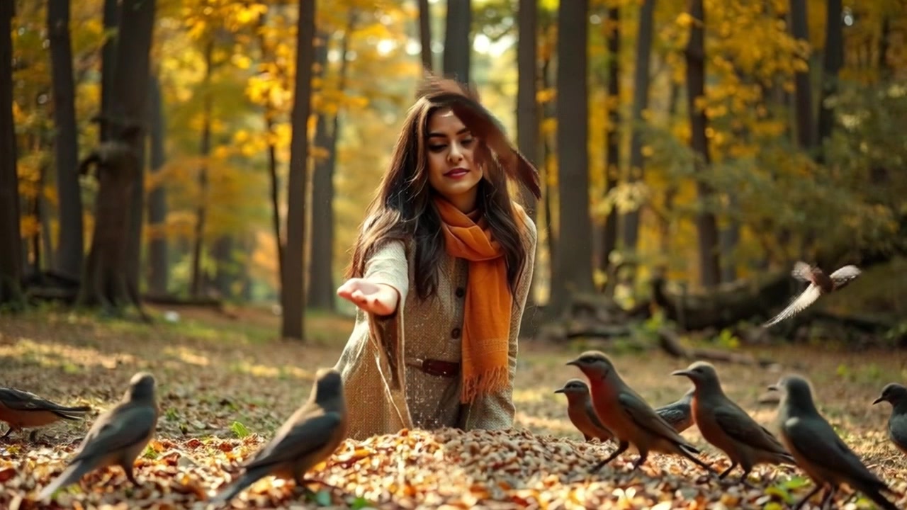 Subject: Anvi scattering birdseed on the ground. Subject movement: Anvi moves her hands rhythmically, tossing seed in all directions as birds flutter around her excitedly. Scene: A serene forest clearing filled with vibrant green trees and soft underbrush. Style: Soft, diffused morning light filtering through the leaves, creating a warm and inviting atmosphere. Motion: Camera gently pushes in on Anvi from a few feet away, capturing her joyful interaction with the surrounding birds as they congregate eagerly.