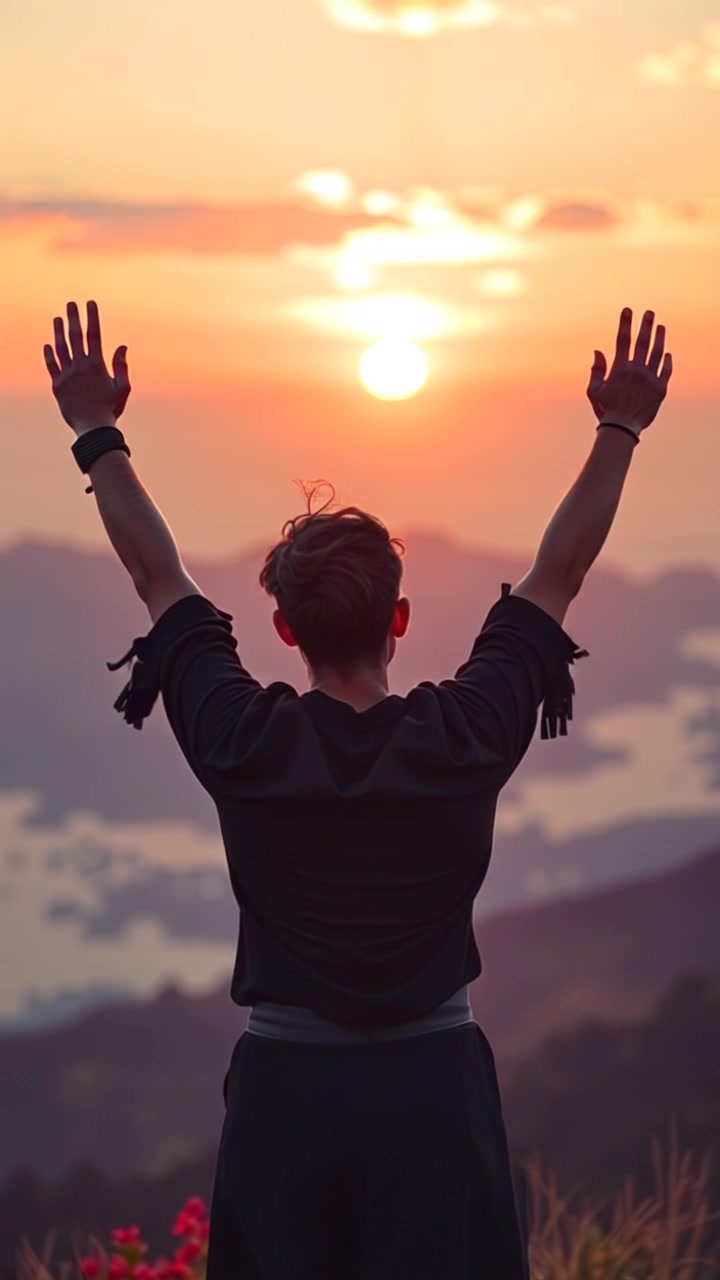 Subject: A person standing on a hilltop at sunrise. Subject movement: The person raises their arms confidently towards the sky, embodying a sense of triumph. Scene: A breathtaking view from the hilltop as the sun rises over the horizon, illuminating the landscape with warm, golden hues. Motion: The camera performs a slow push in on the figure, capturing the expanding scenery behind them, while the rich colors of the sunrise fill the frame. Lighting: Soft, ambient morning light bathing the scene in warmth. Atmosphere: Inspirational and uplifting.