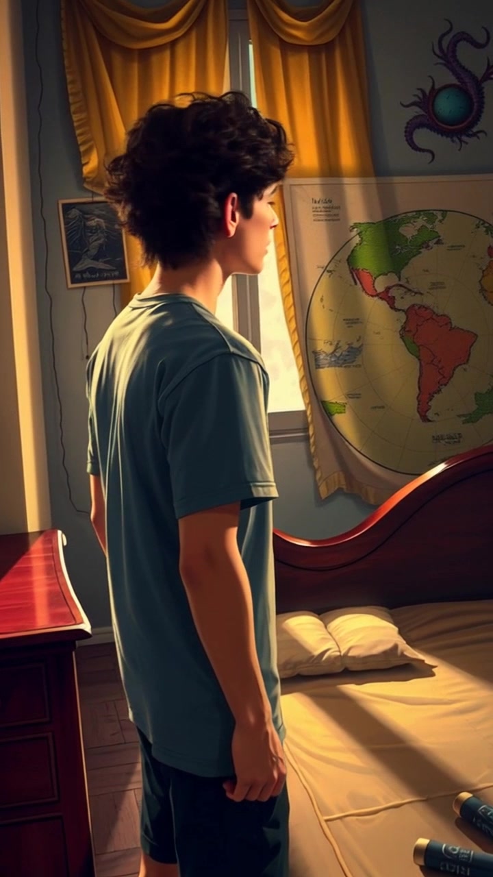 Satria, wearing a t-shirt and shorts, stands in his bedroom looking at a map pinned on the wall. Slowly zoom in on Satria's focused expression as he studies the map, capturing the details of his face. Soft ambient lighting creates a cozy, introspective atmosphere.