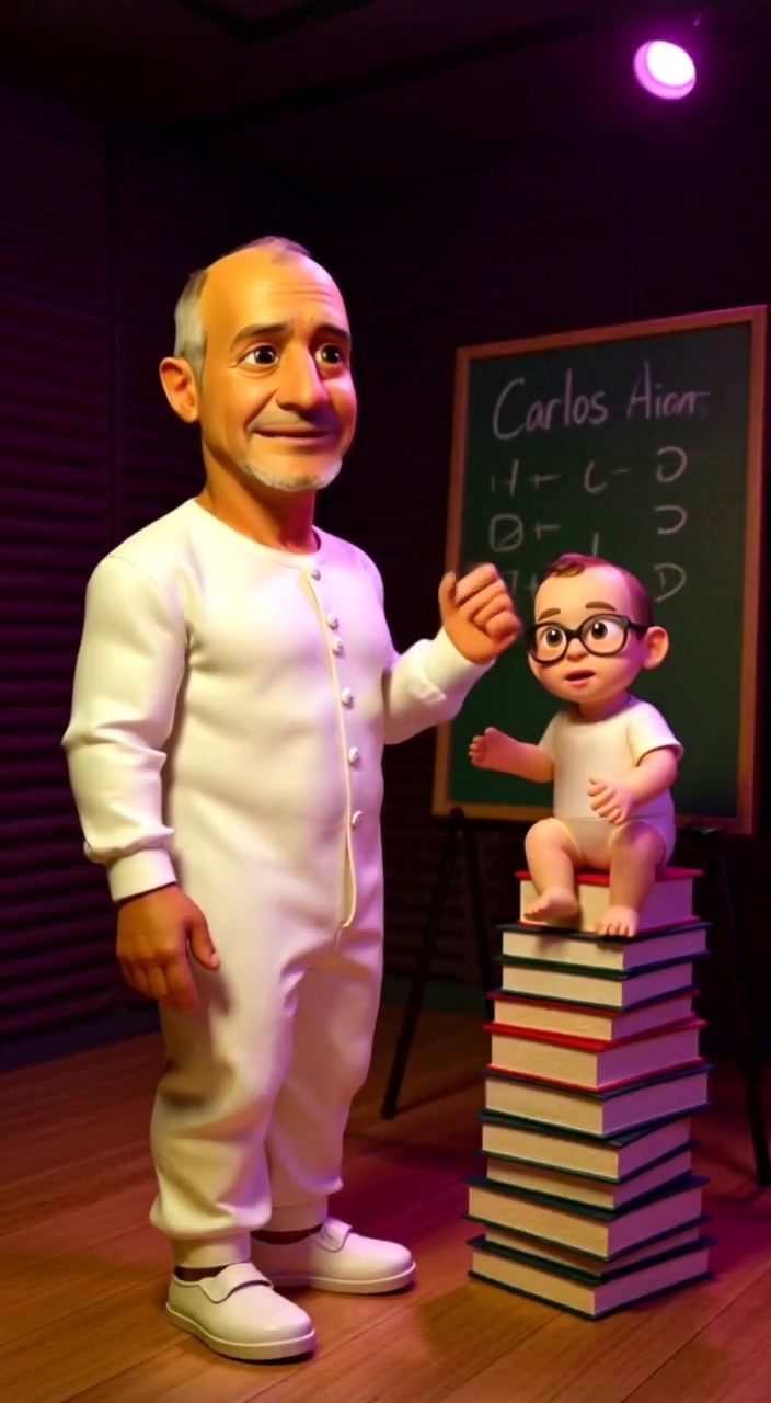 The man confidently gestures towards the chalkboard while surrounded by stacks of books.