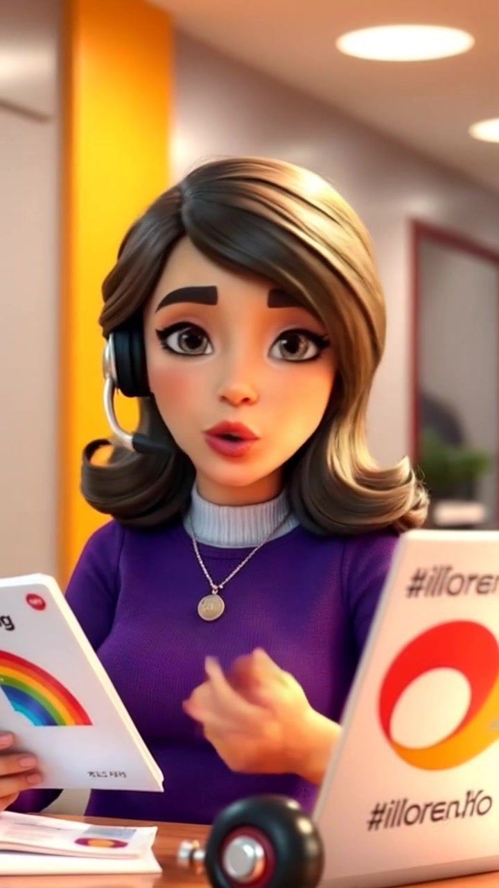 Subject: A Customer Support Agent speaking intently on a headset, gesturing as if addressing a client. Scene: An office desk cluttered with brochures about digital marketing services, illuminated by soft, ambient lighting. Motion: The camera pans smoothly around the agent, capturing their expressive gestures while transitioning focus between the agent's face and the vibrant marketing brochures.