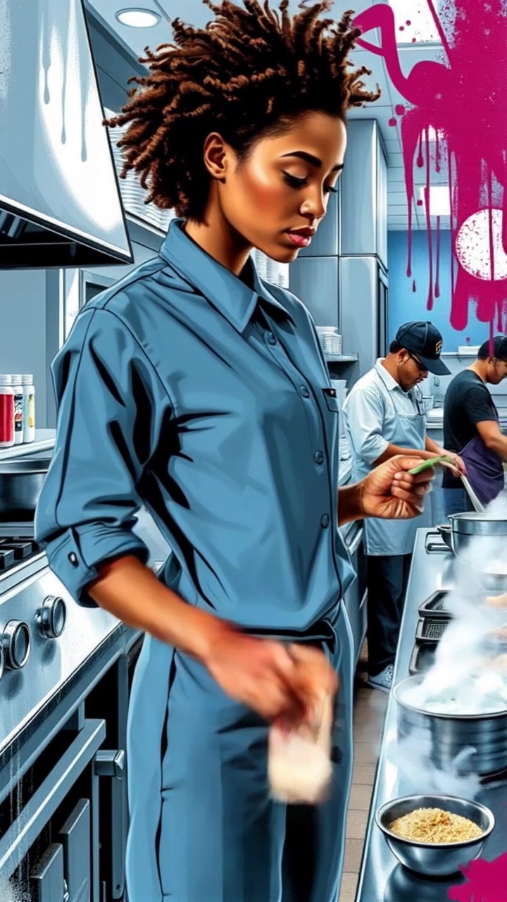 A busy restaurant kitchen with chefs cooking, a Food Worker in a light blue uniform organizing ingredients.