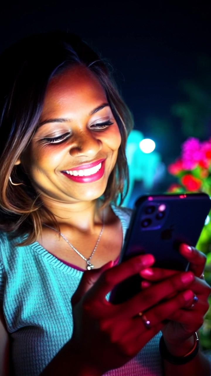 Subject: A person smiling at their iPhone. Subject movement: The person shifts slightly, tilting their head in delight while maintaining eye contact with the screen. Scene: A bright sunny day outdoors, surrounded by lush greenery and vibrant flowers. Style: Warm, golden sunlight illuminating the scene, creating a cheerful atmosphere. Motion: The camera moves in softly on the person, fluidly capturing their joyful expression and the surrounding beauty.