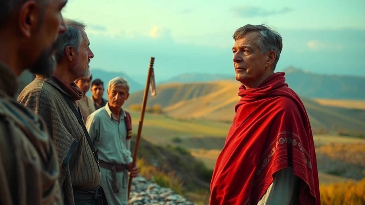 Scene: A group of villagers gathered at the edge of vast, golden fields under a clear blue sky, their expressions filled with amazement as they observe something off-screen. Style: Bright midday light, illuminating the vibrant colors of the fields and the villagers' attire. Motion: The camera glides smoothly across the scene, starting from a wide shot of the fields and gently zooming in to capture the villagers' reactions, creating an engaging sense of curiosity and wonder.