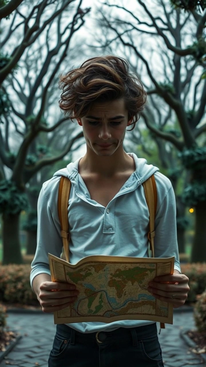 A young boy, with tousled hair and a backpack, stands still in a park, holding a map upside down. The camera slowly circles around him, emphasizing his confusion. Natural sunlight filters through the trees, creating a warm and whimsical atmosphere.