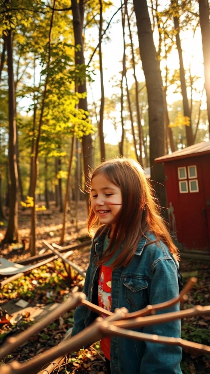 Subject: Child in a colorful t-shirt, playing among the trees + Child is happily running around and exploring + Scene: Bright forest bathed in golden sunlight + Camera Language: Slow dolly in towards the child + Lighting: Golden sunlight filtering through the trees + Atmosphere: Joyful and carefree