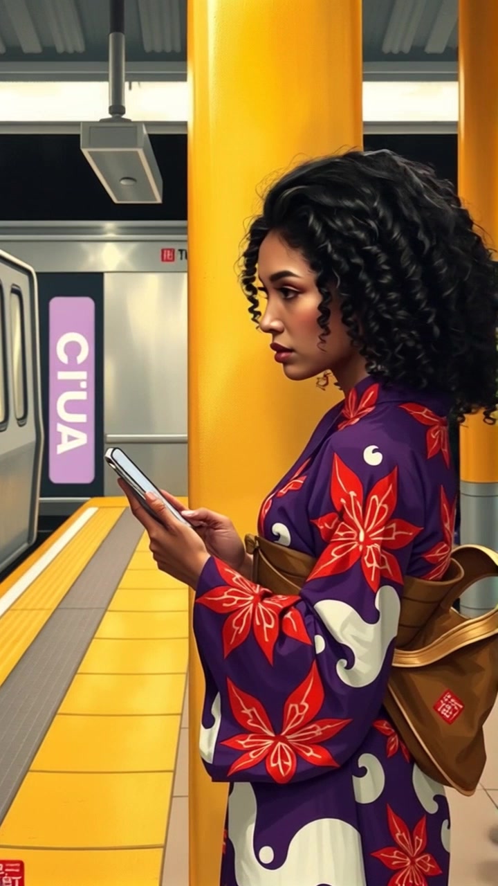 Subject: Lila standing by a pillar on the subway platform. Subject movement: Lila glances up from her phone occasionally, shifting her weight from one foot to the other while waiting. Scene: A bustling subway platform with commuters passing by and a train in the background. Style: Bright, fluorescent lighting illuminating the urban environment, with reflections and shadows creating depth. Motion: The camera pushes in slowly towards Lila, capturing the vibrant energy of the station around her as the sound of approaching trains fills the air.